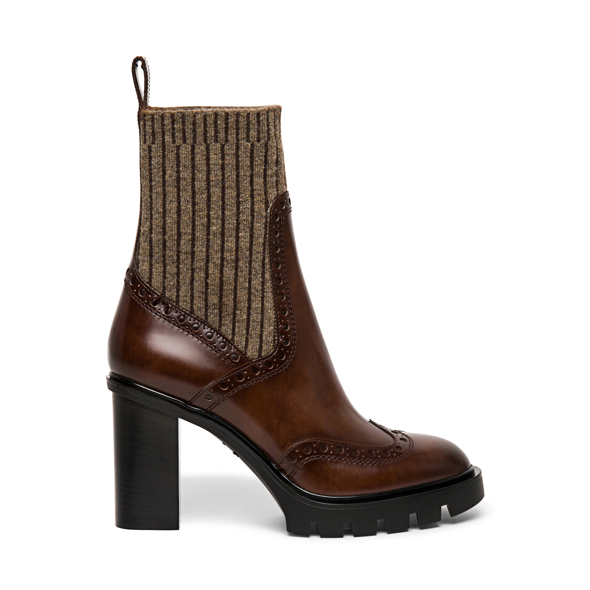 WOMEN S BROWN LEATHER MID HEEL BROGUE SOCK BOOT Coup d Oeil Boutique